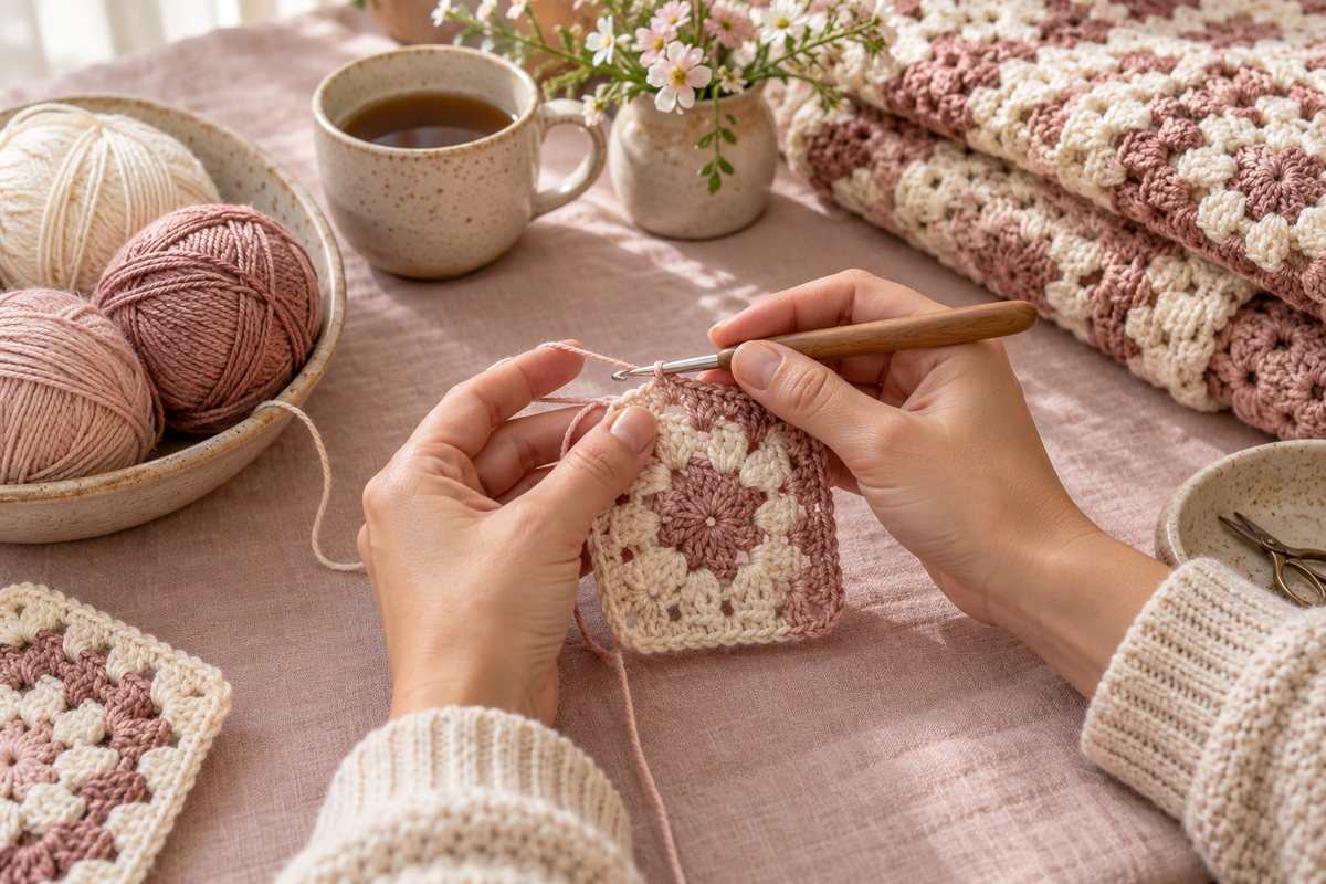 Hands crocheting a blush and cream granny square at a cozy craft table
