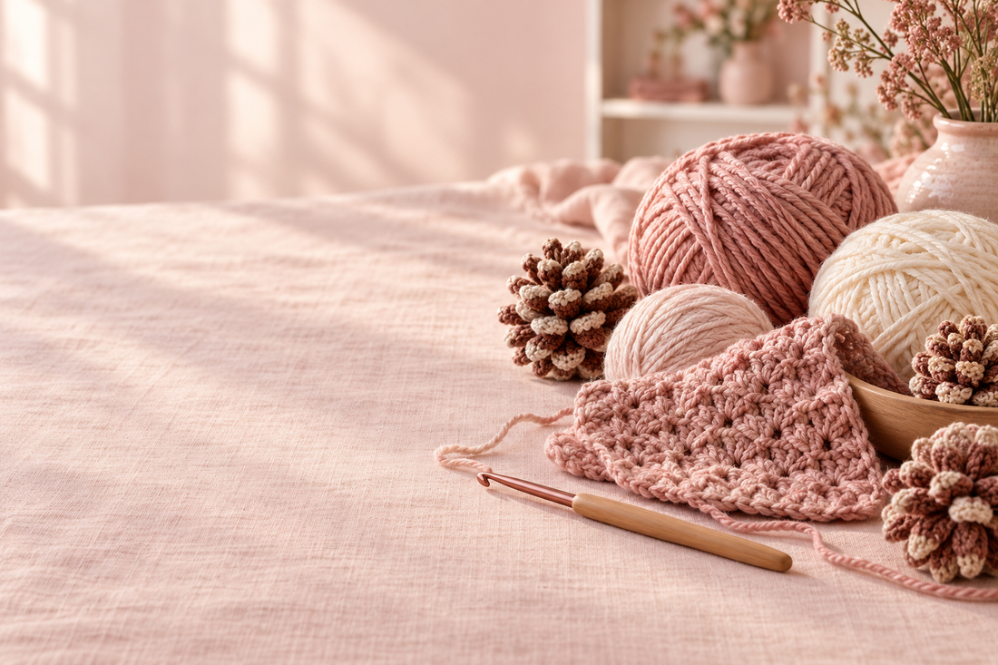 Blush and cream yarn, crochet hooks and crochet pine cones in a softly lit craft studio