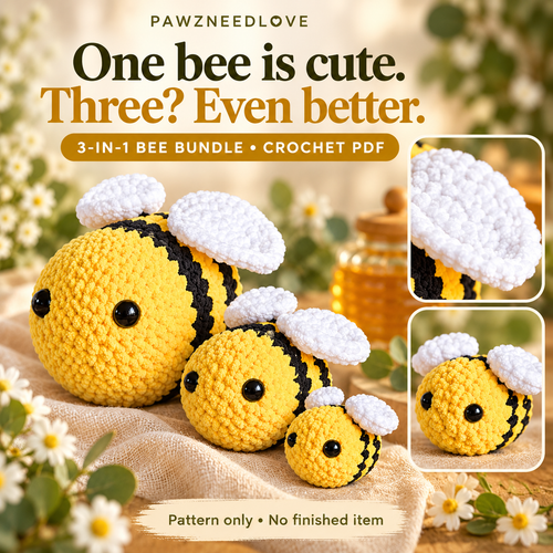 3-in-1 Amigurumi Bee Crochet Pattern detail collage — digital PDF pattern, no physical item
