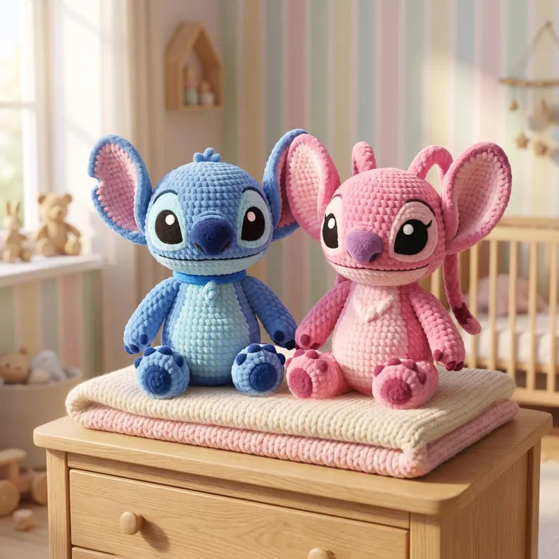 Blue & Pink Big-Eared Pair Crochet Pattern — finished-project example, PDF pattern only