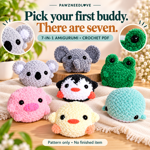 7-in-1 Amigurumi Stress Buddies Crochet Patterns detail collage — digital PDF pattern, no physical item
