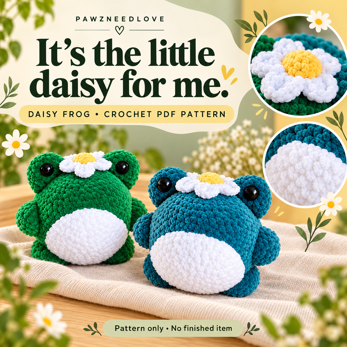 Daisy Frog Amigurumi Crochet Pattern detail collage — digital PDF pattern, no physical item