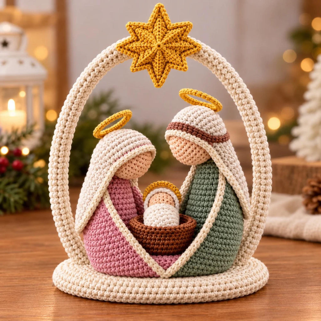 Crochet Holy Family Nativity scene with Mary, Joseph, Baby Jesus, arch and golden star