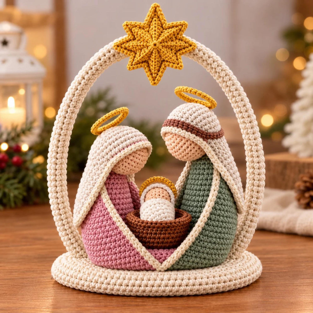 Crochet Holy Family Nativity scene with Mary, Joseph, Baby Jesus, arch and golden star