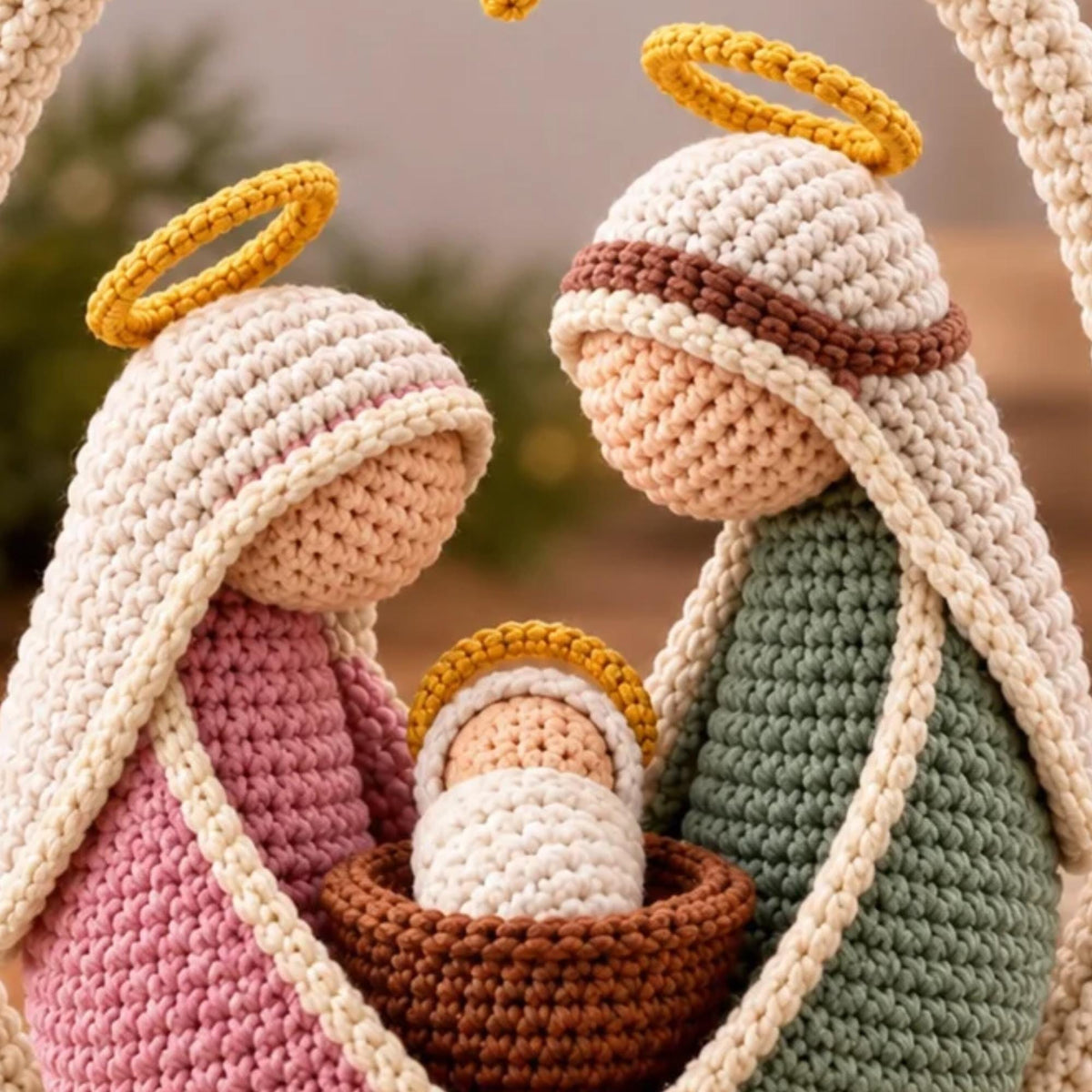 Detail of crochet Mary, Joseph and Baby Jesus in the manger