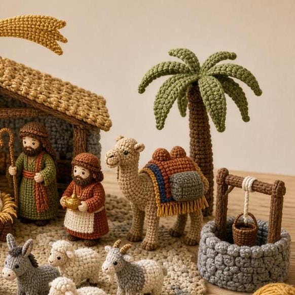 Nativity crochet camel, palm tree and well detail