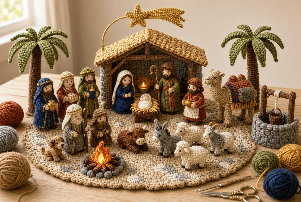 Crochet Nativity scene with stable, Holy Family, Wise Men, villagers and animals