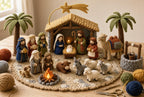 Crochet Nativity scene with stable, Holy Family, Wise Men, villagers and animals