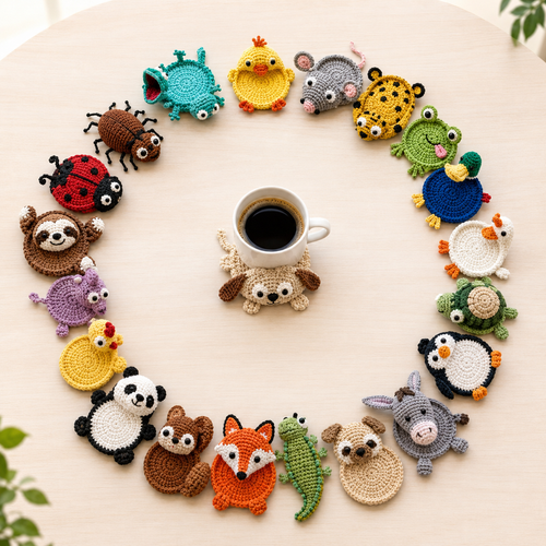 Animal crochet coaster designs arranged around a coffee mug
