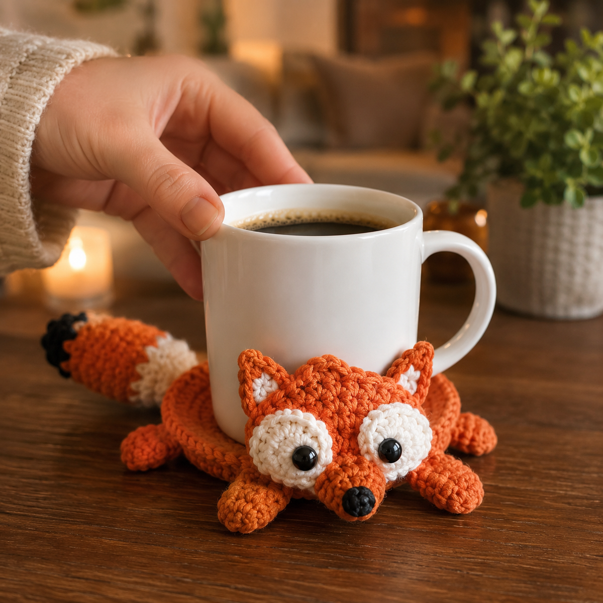Orange fox crochet coaster around a mug