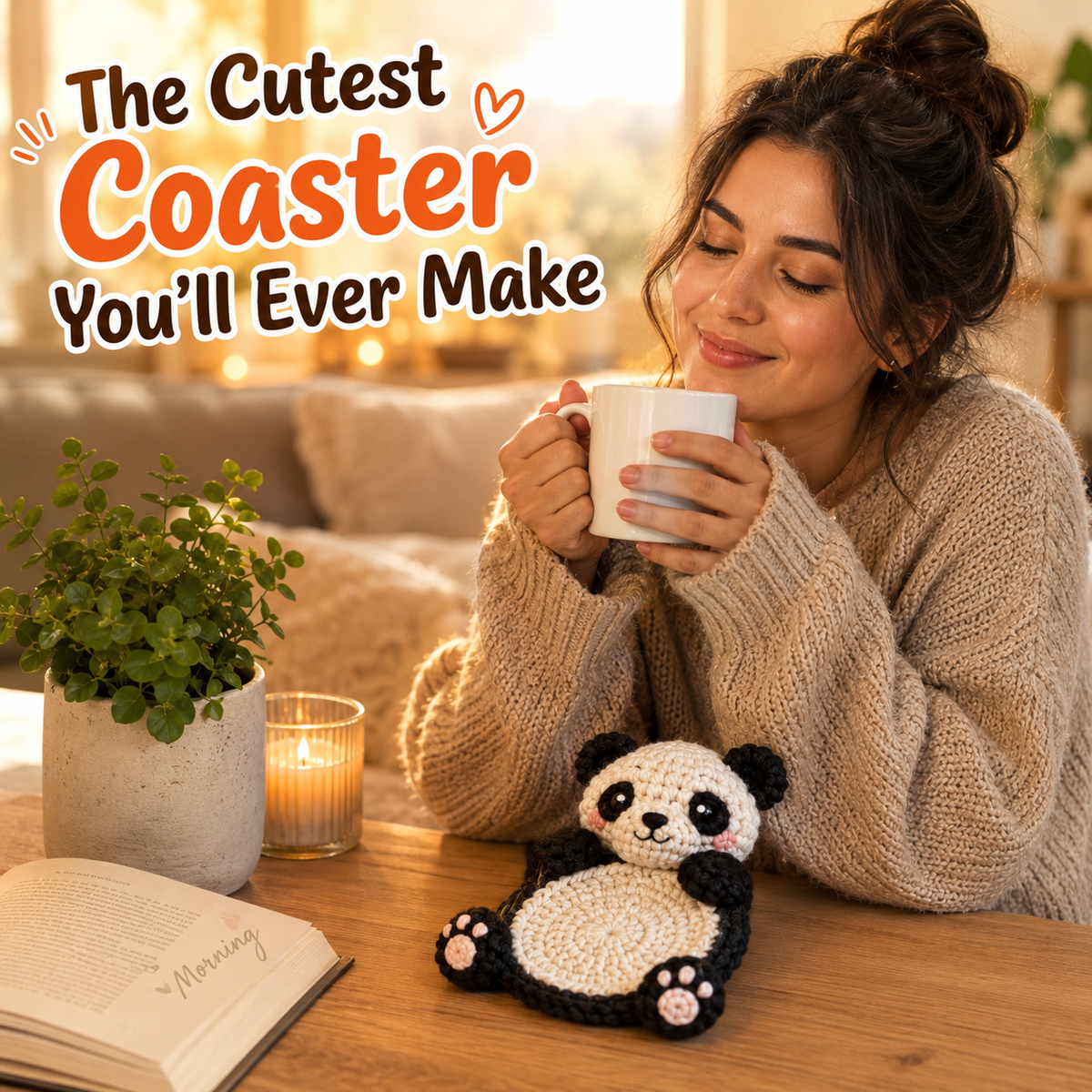 Crochet panda coaster beside a coffee cup