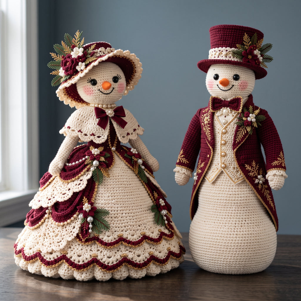 Victorian Mr and Mrs Snowman crochet display dolls in burgundy and ivory