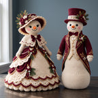 Victorian Mr and Mrs Snowman crochet display dolls in burgundy and ivory