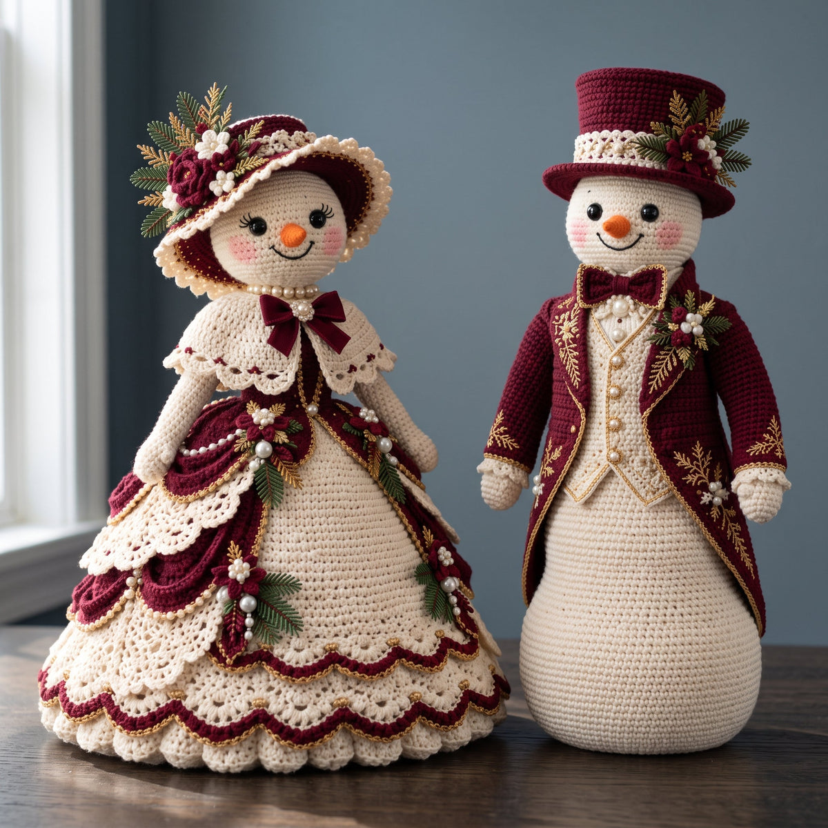 Victorian Mr and Mrs Snowman crochet display dolls in burgundy and ivory