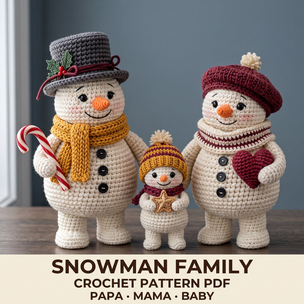 Papa, Mama and Baby snowman crochet family
