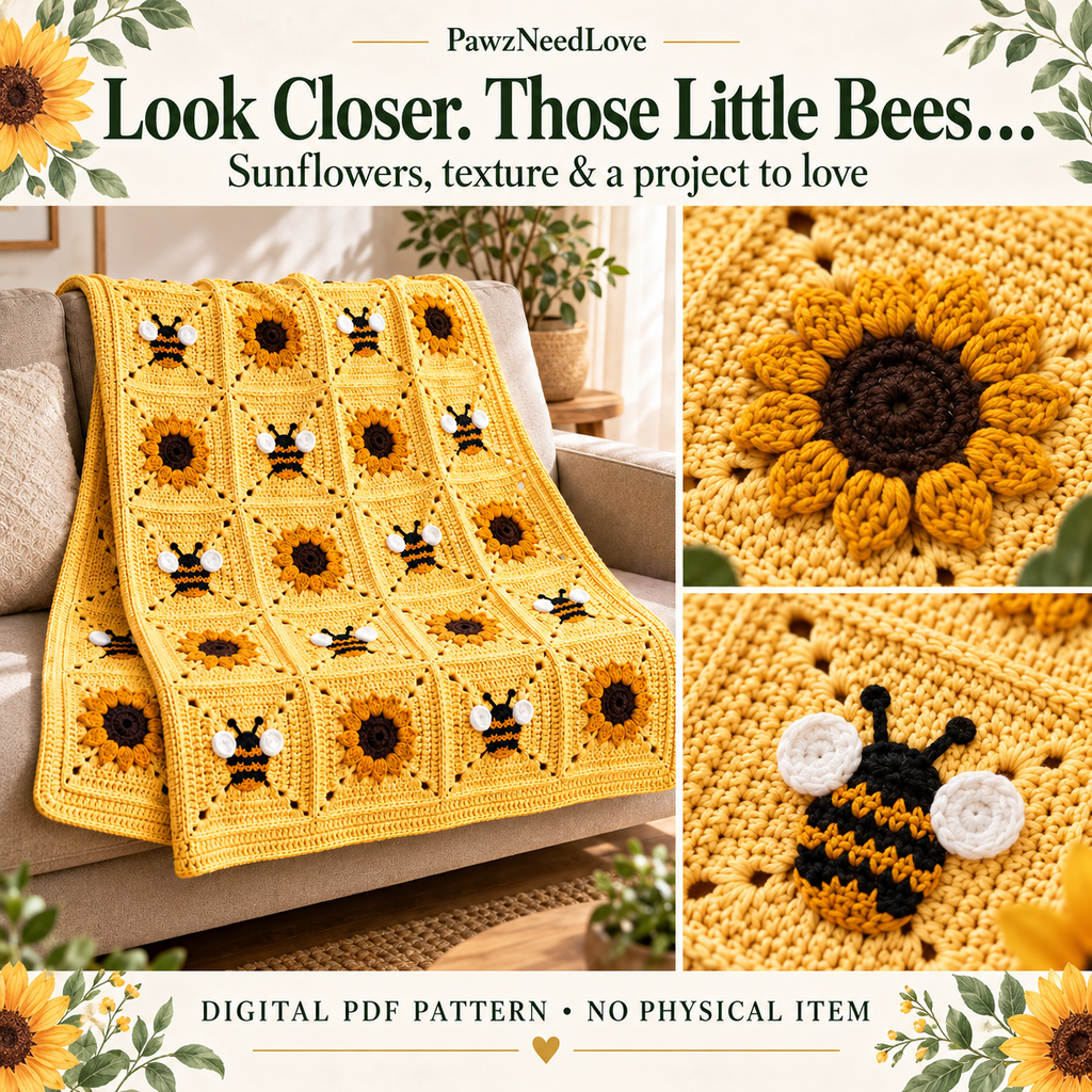 Sunflower and bee crochet blanket — whole blanket, sunflower and bee details. Digital PDF pattern, not a finished blanket.