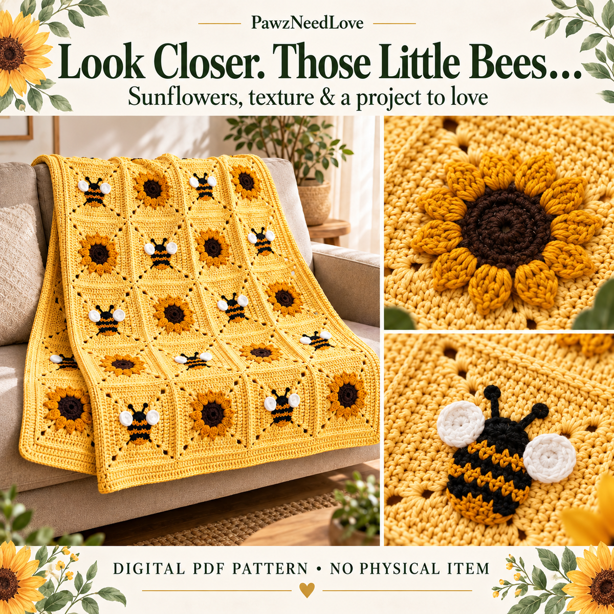 Sunflower and bee crochet blanket — whole blanket, sunflower and bee details. Digital PDF pattern, not a finished blanket.