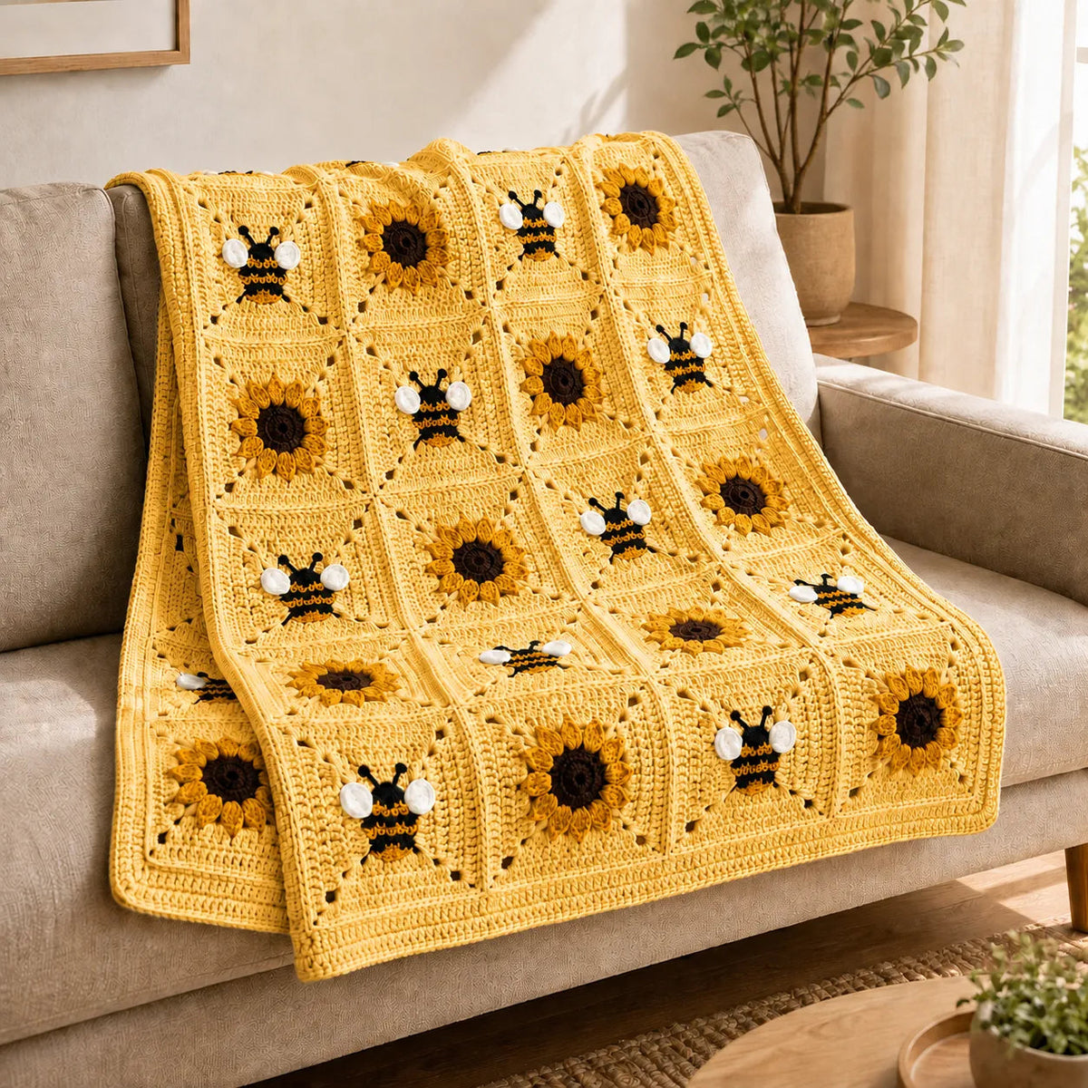 Sunflower and bee crochet blanket pattern — example project detail 2. PDF pattern only.