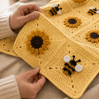 Sunflower and bee crochet blanket pattern — example project detail 3. PDF pattern only.