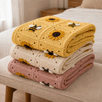 Sunflower and bee crochet blanket pattern — example project detail 4. PDF pattern only.