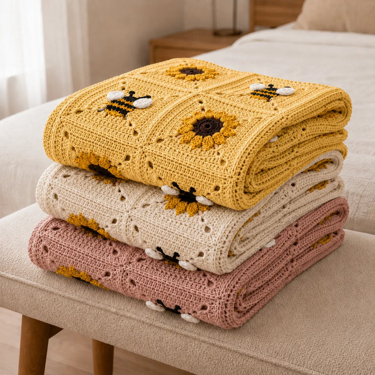 Sunflower and bee crochet blanket pattern — example project detail 4. PDF pattern only.