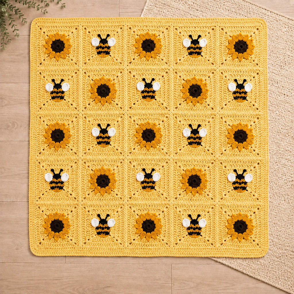 Sunflower and bee crochet blanket pattern — example project detail 5. PDF pattern only.