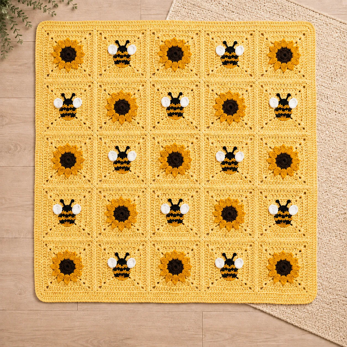 Sunflower and bee crochet blanket pattern — example project detail 5. PDF pattern only.