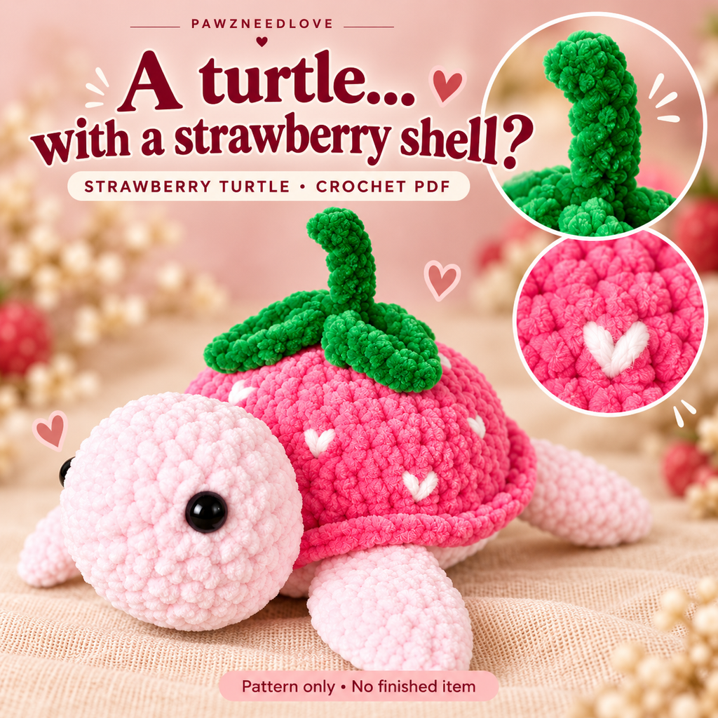 Strawberry Turtle Crochet Pattern detail collage — digital PDF pattern, no physical item